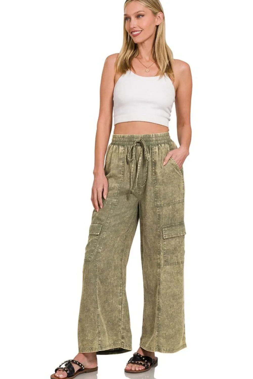 Dames Cargo Broek van Gewassen Linnen met Elastische Tailleband 2