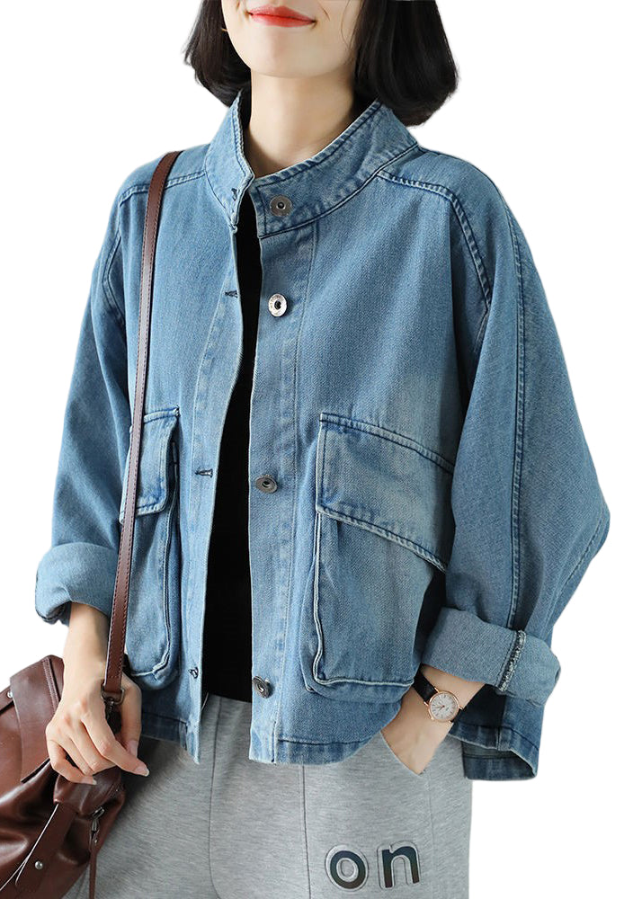 Dames Denim Jas met Opstaande Kraag en Grote Zakken 0