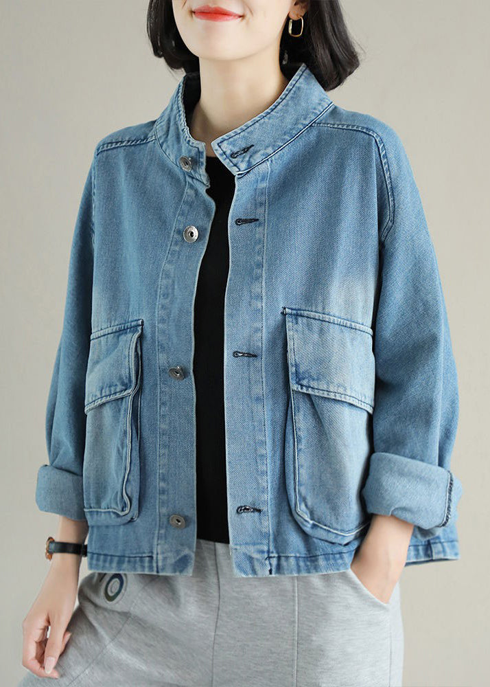 Dames Denim Jas met Opstaande Kraag en Grote Zakken 1