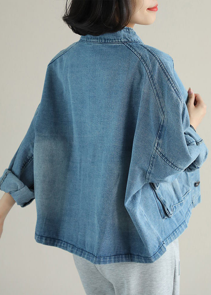 Dames Denim Jas met Opstaande Kraag en Grote Zakken 3
