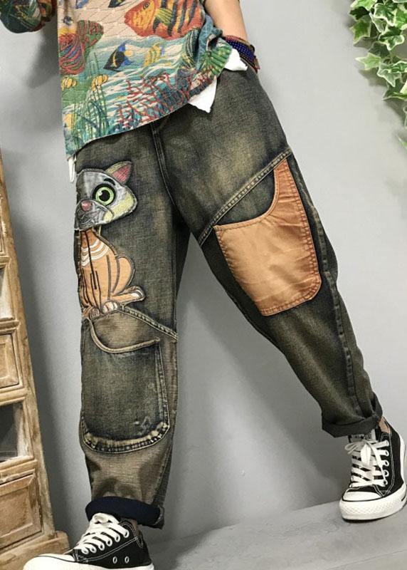 Dames Harem Jeans met Cat Borduursel en Patchwork Casual Style 1