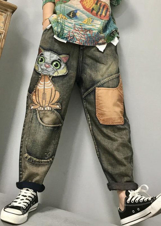 Dames Harem Jeans met Cat Borduursel en Patchwork Casual Style 2