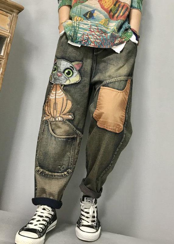 Dames Harem Jeans met Cat Borduursel en Patchwork Casual Style 3