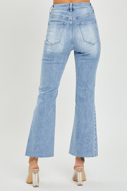 Dames Hoge Taille Crop Flare Licht Denim 4