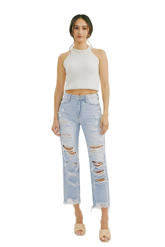 Dames Hoge Taille Versleten Jeans Licht Denim 0