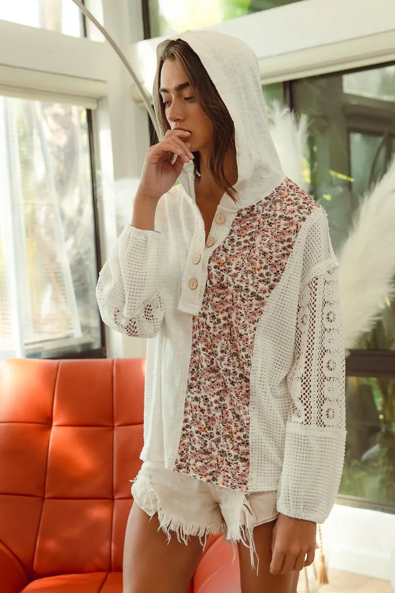 Dames Hoodie Top Knoop Kantdetail Slub Jersey 4