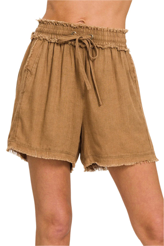 Dames Korte Broek Getailleerd Linnen met Franje en Zakken 0