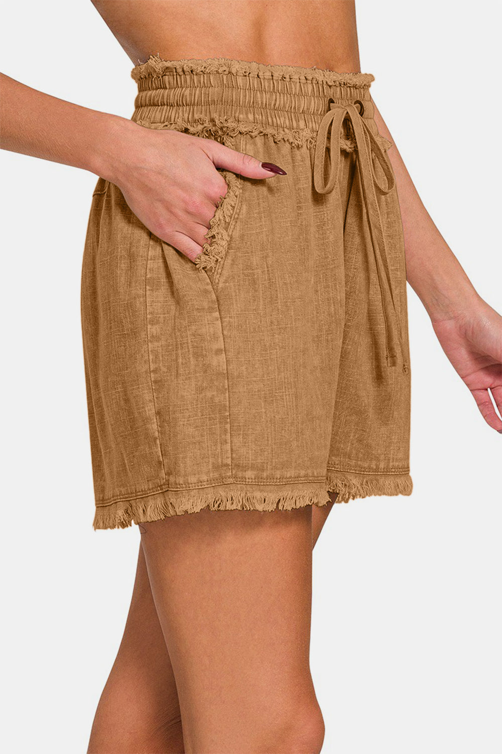 Dames Korte Broek Getailleerd Linnen met Franje en Zakken 2