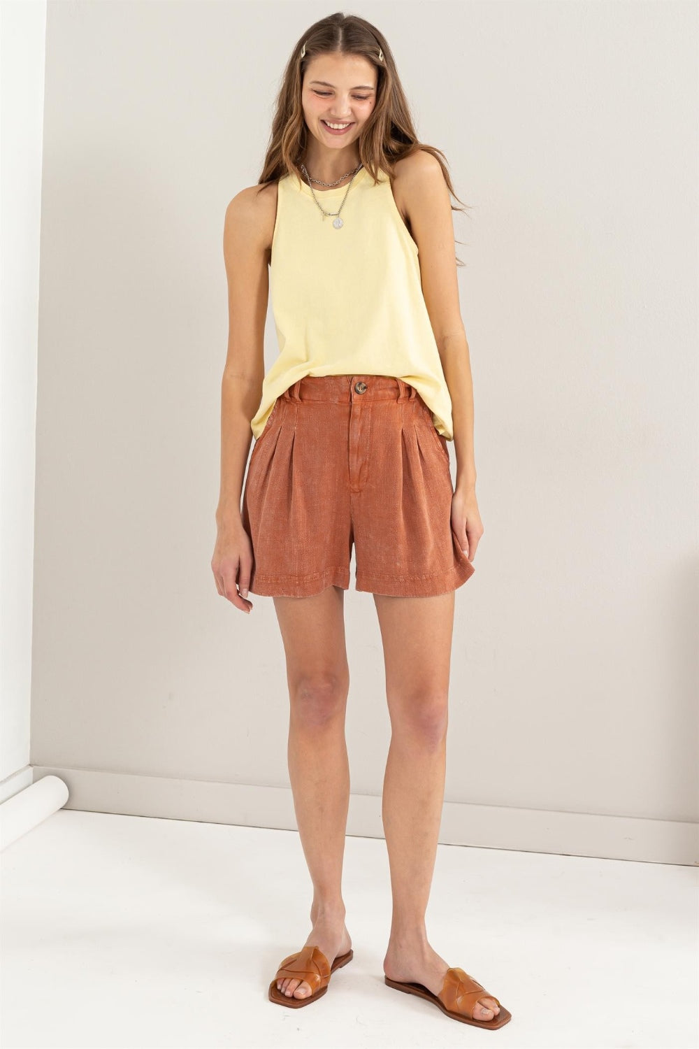 Dames Korte Broek Hoge Taille Plissé Linnen Comfortabel 3