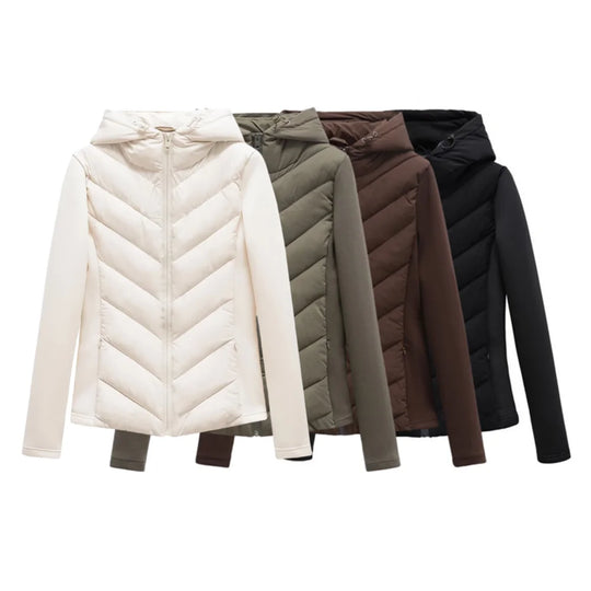 Dames Lange Winterjas Met Capuchon Gewatteerd Herringbone Design 0