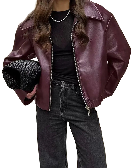 Dames Leren Jas met Rits en Klassieke Reverskraag voor Winter Streetwear 1