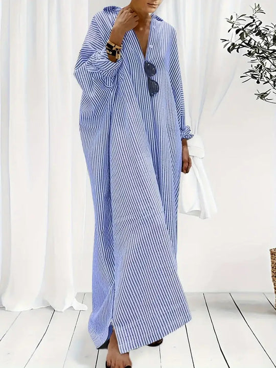 Dames Maxi Kleid Gestreept met Omlegekragen en Geknöpte Voorkant 1