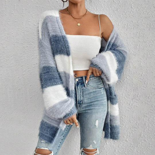 Dames Oversized Cardigan Met Gestreept Design, Open Voorkant, Comfortabel voor Casual Outfits 1