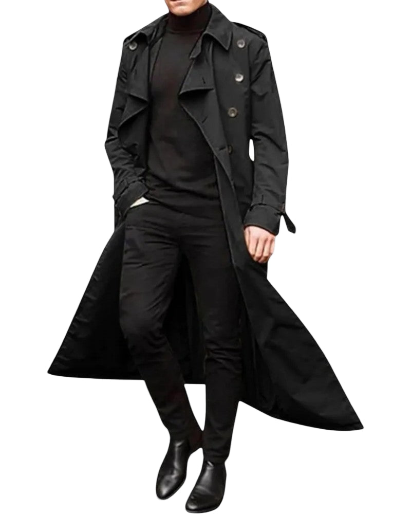 Heren Lange Trenchcoat met Dubbele Rij Knopen 0