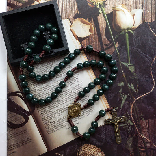 Heren en Dames Rozenkrans Ketting met Medaille en Mosagaat Design 0