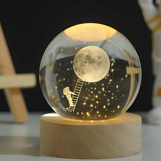 Lichtgevende Maan Kristallen Bol met Houten Basis 38