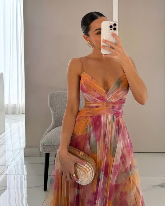 Vrouwen Maxi Jurk Waterverfprint met Kruisband 2