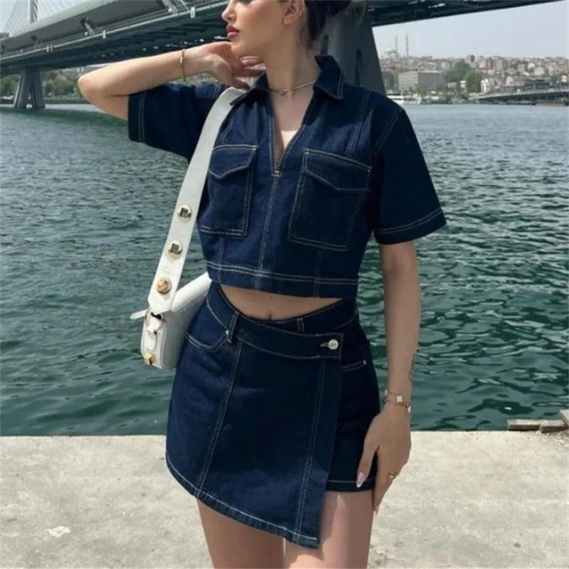 Dames Denim Rok & Korte Mouw Gecropt Shirt