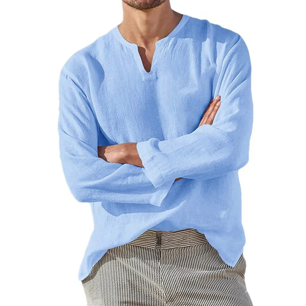 Heren katoenen linnen shirt met V-hals